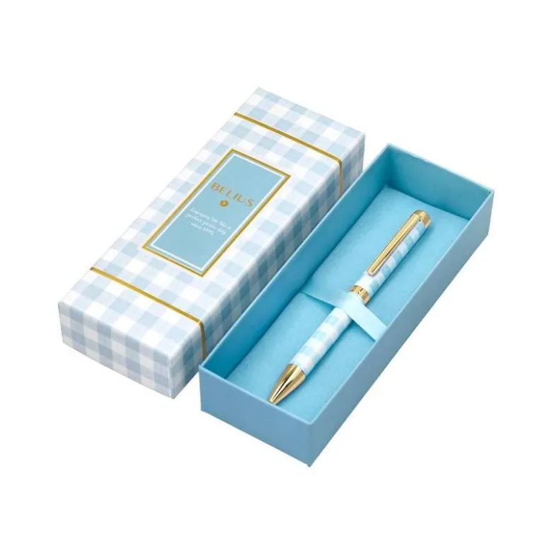 BOLIGRAFO BELIUS PERFECT PICNIC DAY ALUMINIO COLOR AZUL CELESTE DORADO TINTA AZULCAJA DE DISEÑO