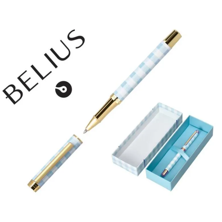 BOLIGRAFO BELIUS PERFECT PICNIC DAY ALUMINIO COLOR AZUL CELESTE DORADO TINTA AZULCAJA DE DISEÑO