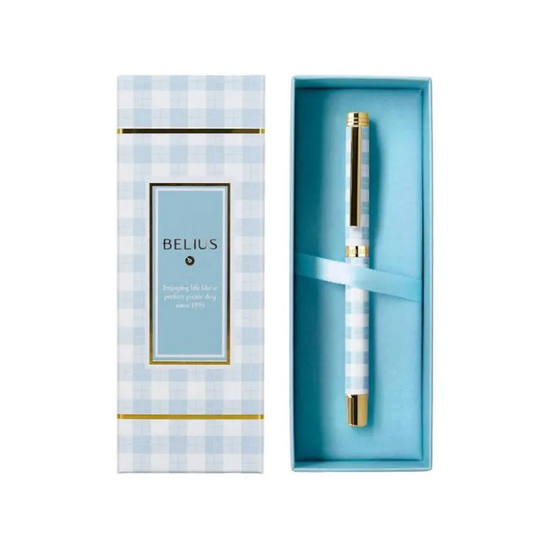 BOLIGRAFO BELIUS PERFECT PICNIC DAY ALUMINIO COLOR AZUL CELESTE DORADO TINTA AZULCAJA DE DISEÑO