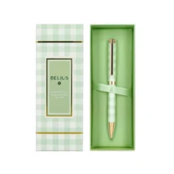 BOLIGRAFO BELIUS PICNIC ALUMINIO COLOR VERDE DORADO TINTA COLOR AZUL CAJA DE DISEÑO