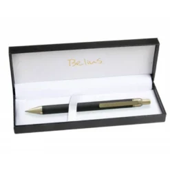 BOLIGRAFO BELIUS POTSDAM NEGRO Y DORADO CUERPO FIBRA CARBON TINTA GEL AZUL EN ESTUCHE