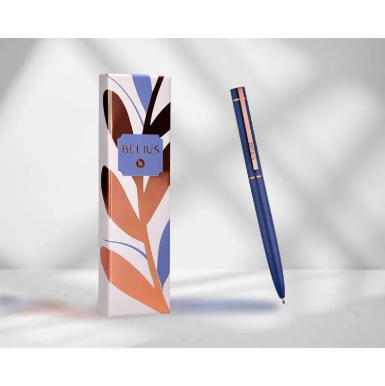 BOLIGRAFO BELIUS ROSE ALUMINIO COLOR AZUL ELECTRICO/ORO ROSA TINTA AZUL CAJA DE DISEÑO