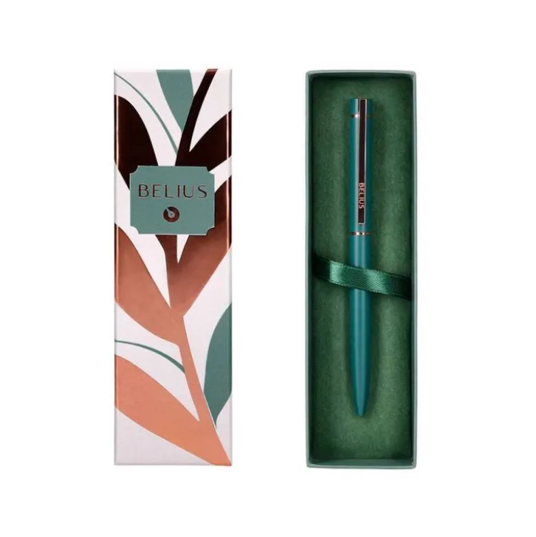 BOLIGRAFO BELIUS ROSE ALUMINIO COLOR VERDE OLIVA/ORO ROSA TINTA AZUL CAJA DE DISEÑO