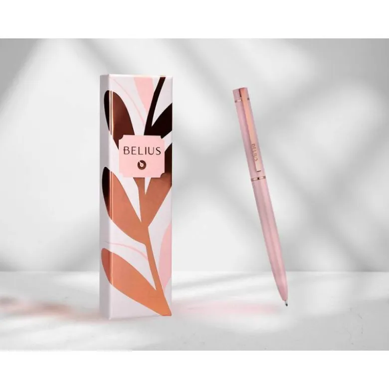BOLIGRAFO BELIUS ROSE ALUMINIO COLOR ROSA/ORO ROSA TINTA AZUL CAJA DE DISEÑO