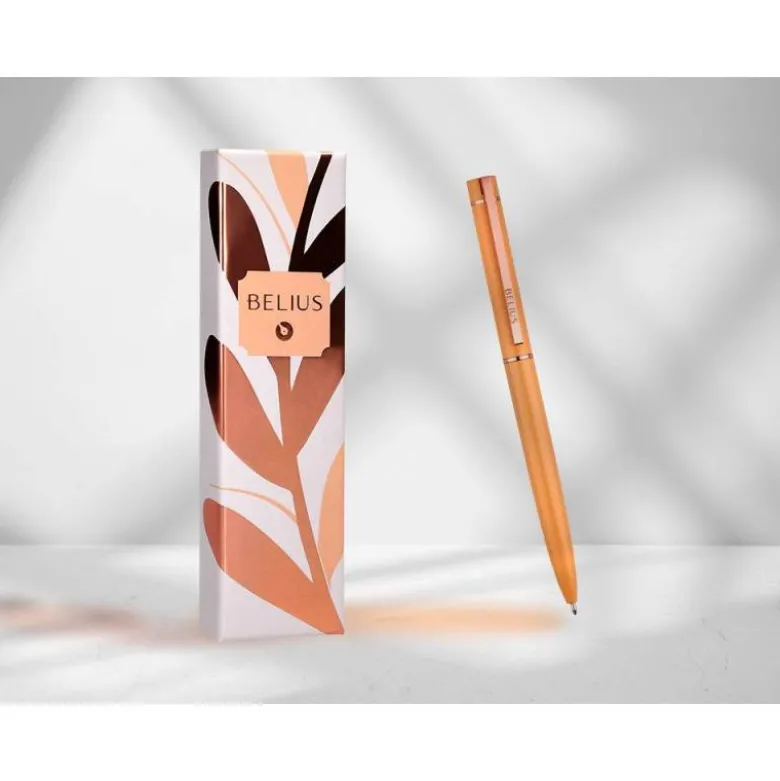 BOLIGRAFO BELIUS ROSE ALUMINIO COLOR NARANJA/ORO ROSA TINTA AZUL CAJA DE DISEÑO