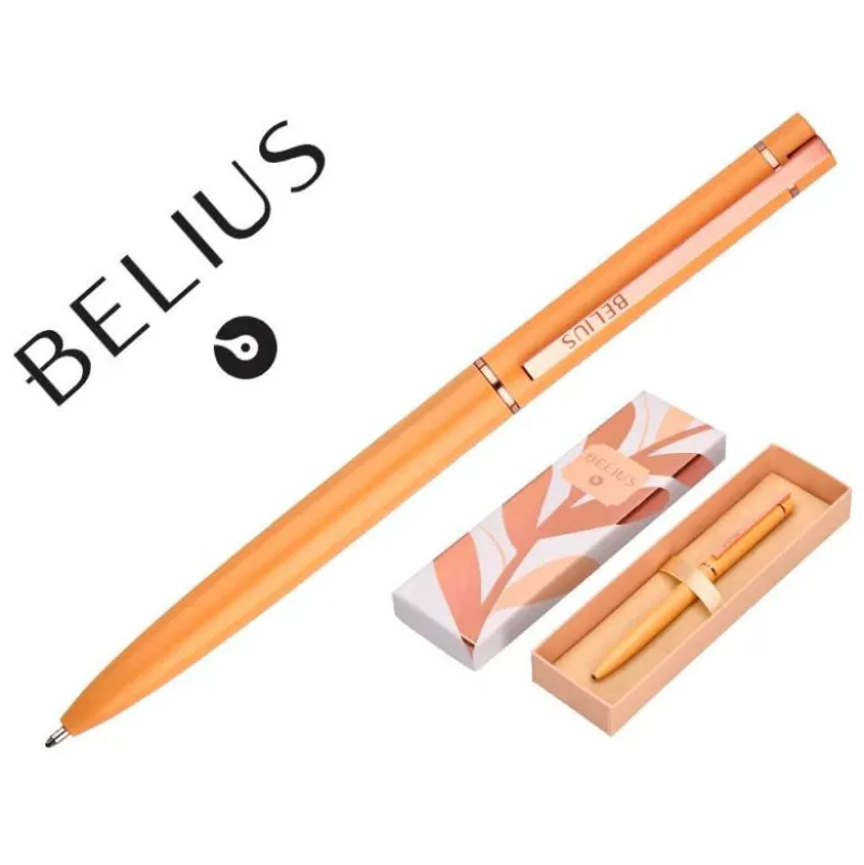 BOLIGRAFO BELIUS ROSE ALUMINIO COLOR NARANJA/ORO ROSA TINTA AZUL CAJA DE DISEÑO