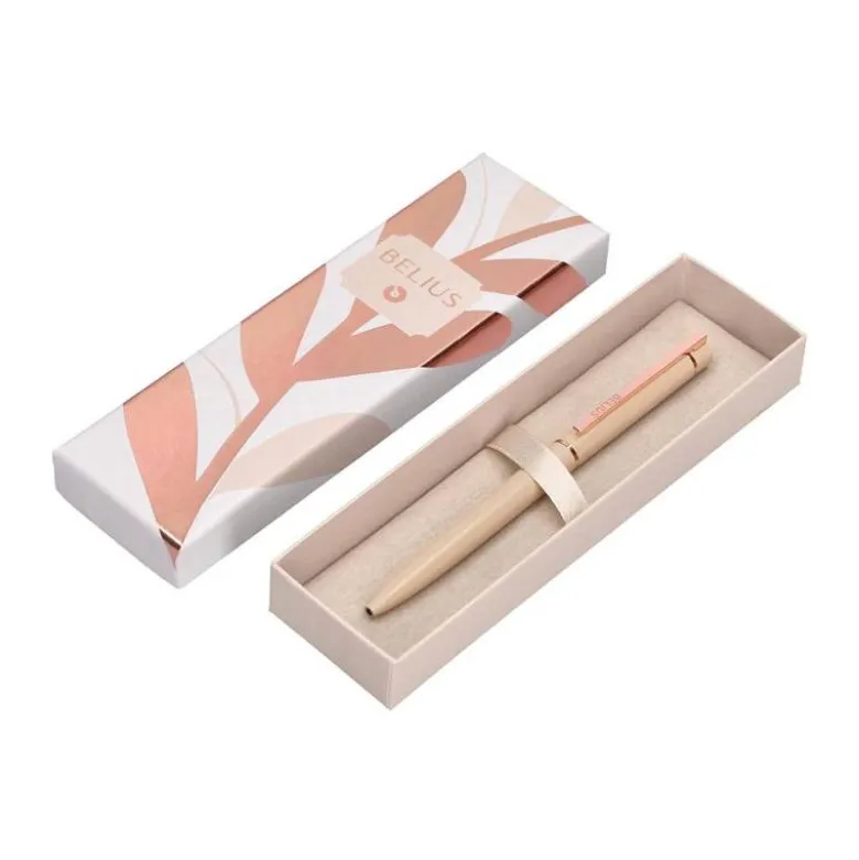 BOLIGRAFO BELIUS ROSE ALUMINIO COLOR BEIGE CLARO ORO ROSA TINTA AZUL CAJA DE DISEÑO