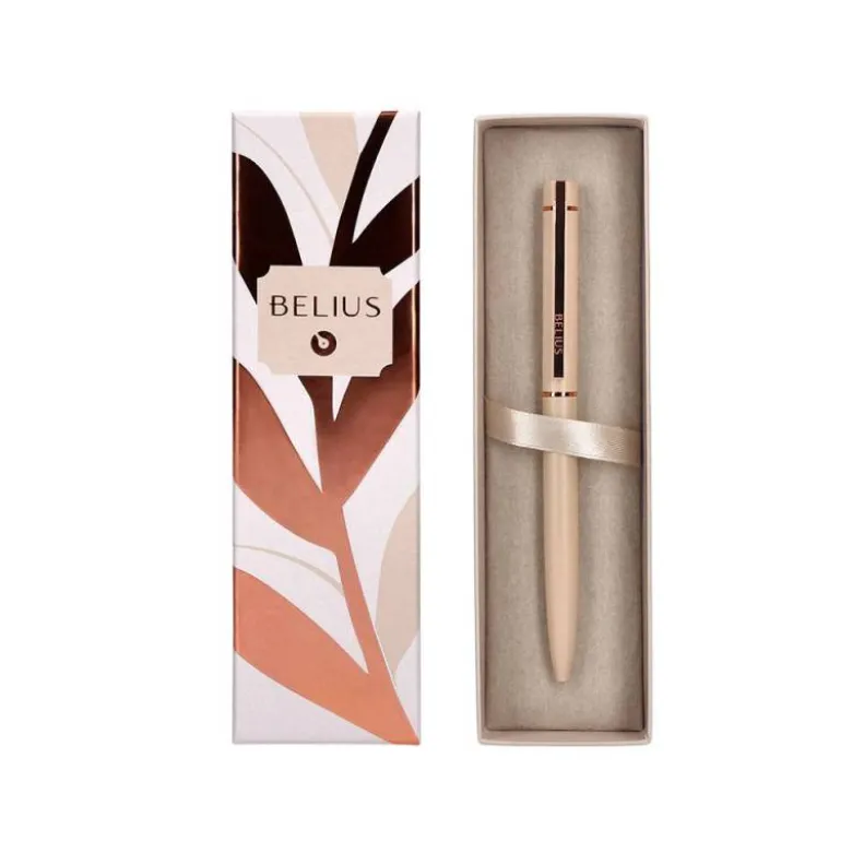 BOLIGRAFO BELIUS ROSE ALUMINIO COLOR BEIGE CLARO ORO ROSA TINTA AZUL CAJA DE DISEÑO