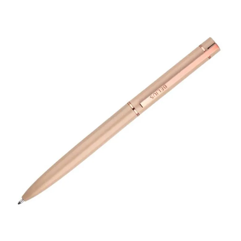 BOLIGRAFO BELIUS ROSE ALUMINIO COLOR BEIGE CLARO ORO ROSA TINTA AZUL CAJA DE DISEÑO