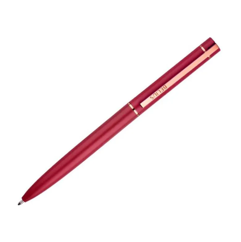 BOLIGRAFO BELIUS ROSE ALUMINIO COLOR BURDEOS ORO ROSA TINTA AZUL CAJA DE DISEÑO