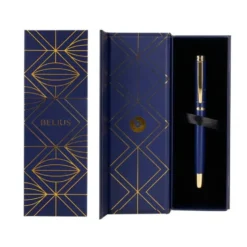 BOLIGRAFO BELIUS SOIREE ALUMINIO COLOR AZUL MARINO Y DORADO TINTA AZUL CAJA DE DISEÑO