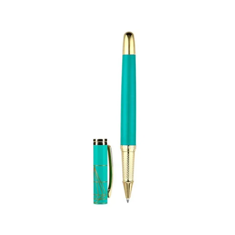 BOLIGRAFO BELIUS SOIREE ALUMINIO COLOR ART DECO TURQUESA Y DORADO TINTA AZUL CAJA DE DISEÑO