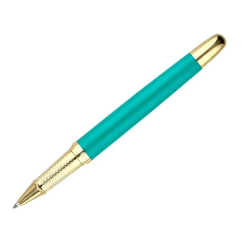 BOLIGRAFO BELIUS SOIREE ALUMINIO COLOR ART DECO TURQUESA Y DORADO TINTA AZUL CAJA DE DISEÑO