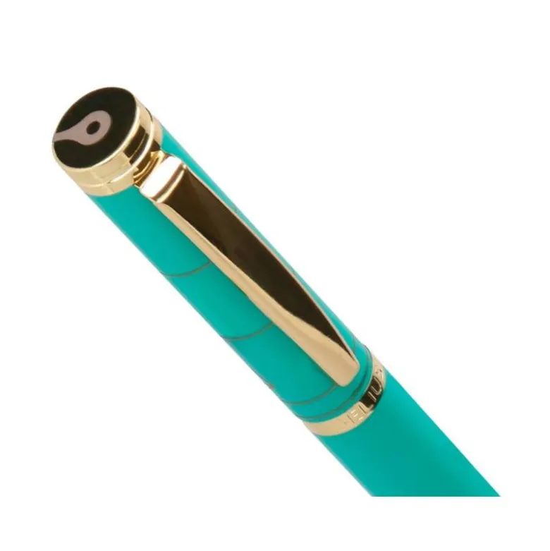 BOLIGRAFO BELIUS SOIREE ALUMINIO COLOR ART DECO TURQUESA Y DORADO TINTA AZUL CAJA DE DISEÑO