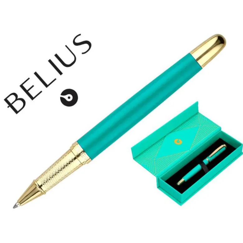 BOLIGRAFO BELIUS SOIREE ALUMINIO COLOR ART DECO TURQUESA Y DORADO TINTA AZUL CAJA DE DISEÑO