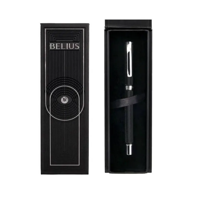 BOLIGRAFO BELIUS TURBO ALUMINIO TEXTURA PUNTEADA COLOR NEGRO Y PLATEADO TINTA AZUL CAJA DE DISEÑO