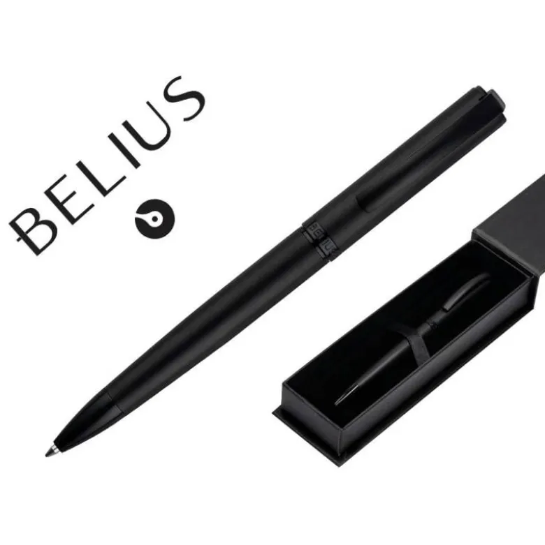 BOLIGRAFO BELIUS TURBO ALUMINIO COLOR NEGRO TINTA AZUL CAJA DE DISEÑO