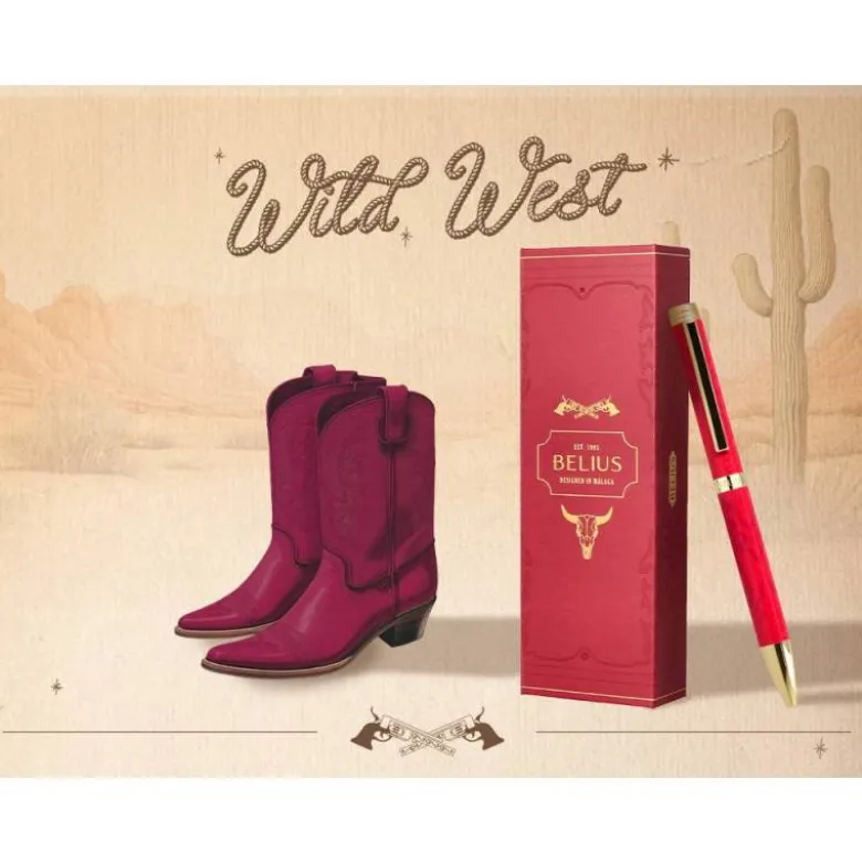 BOLIGRAFO BELIUS WILD WEST ALUMINIO COLOR GRANATE DORADO TINTA COLOR AZUL CAJA DE DISEÑO