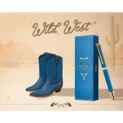 BOLIGRAFO BELIUS WILD WEST ALUMINIO COLOR AZUL MARINO DORADO TINTA COLOR AZUL CAJA DE DISEÑO