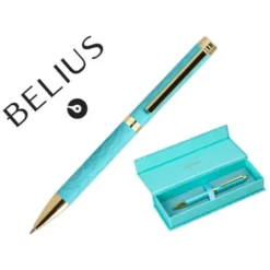 BOLIGRAFO BELIUS WILD WEST ALUMINIO COLOR TURQUESA DORADOTINTA COLOR AZUL CAJA DE DISEÑO