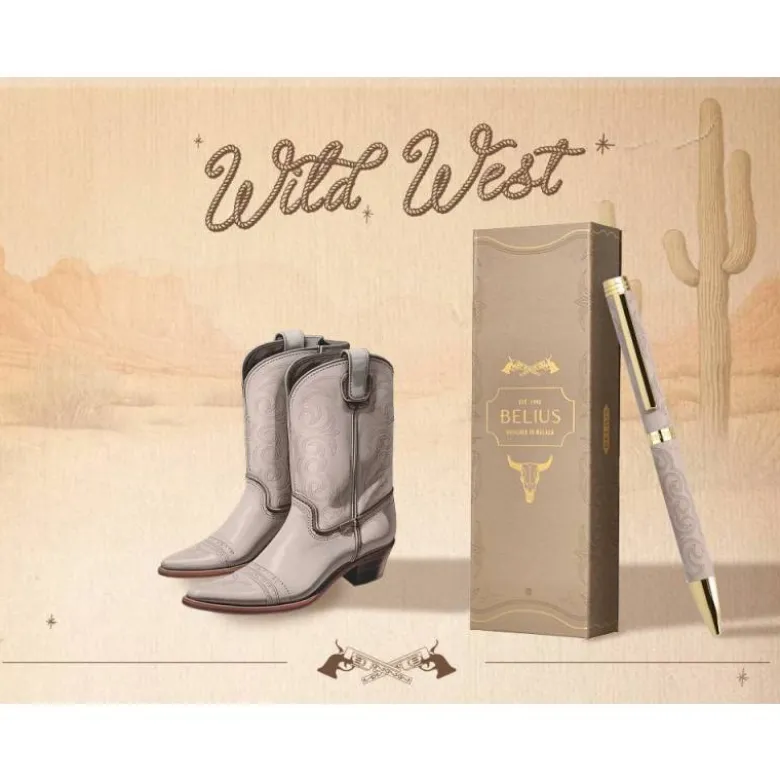 BOLIGRAFO BELIUS WILD WEST ALUMINIO COLOR BEIGE DORADO TINTA COLOR AZUL CAJA DE DISEÑO