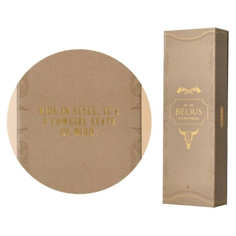 BOLIGRAFO BELIUS WILD WEST ALUMINIO COLOR BEIGE DORADO TINTA COLOR AZUL CAJA DE DISEÑO