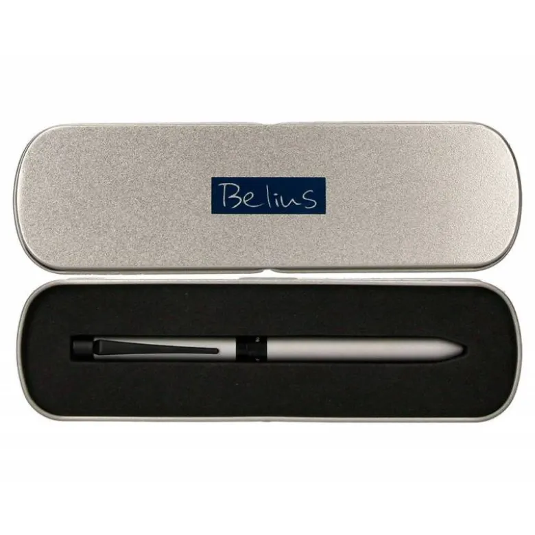 BOLIGRAFO BELIUS ZURICH 3 EN 1 CUERPO PLATEADO TINTA NEGRA Y ROJA PORTAMINAS 0,5 MM EN ESTUCHE