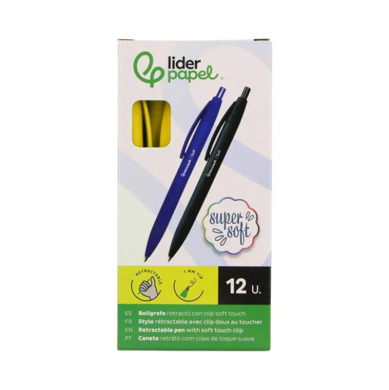 BOLIGRAFO LIDERPAPEL PUNTA 1 MM RETRACTIL CON CLIP ACABADO SOFT TOUCH TINTA AZUL CUERPO AMARILLO