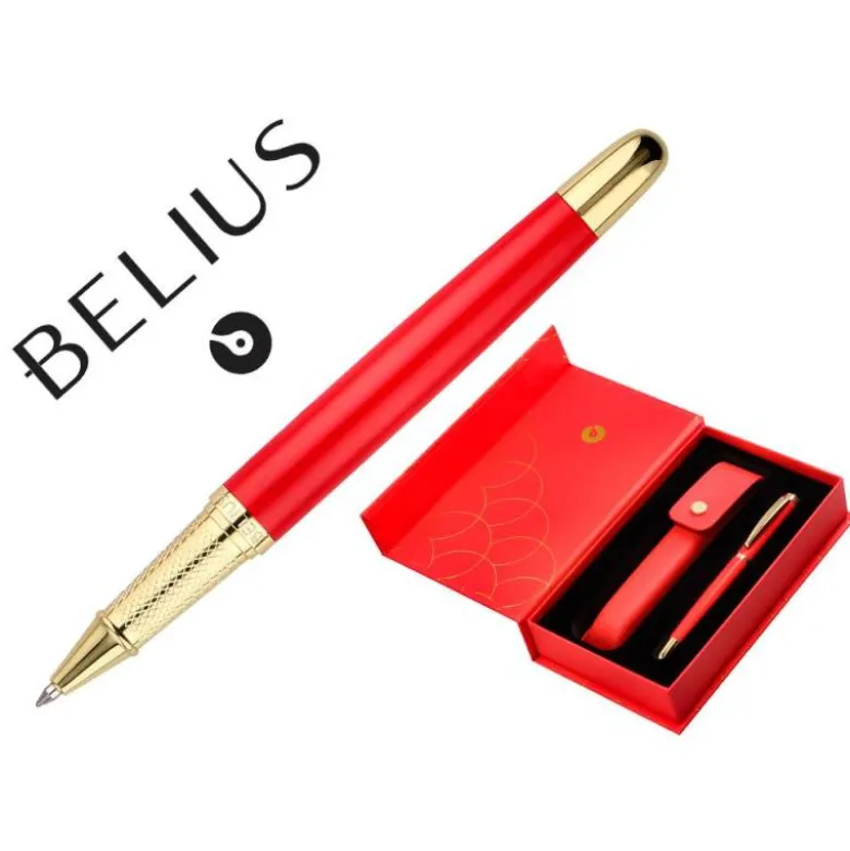 BOLIGRAFO Y ESTUCHE BELIUS PASSION DOR ALUMINIO TEXTURA CEPILLADA COLOR ROJO Y DORADO TINTA AZUL CAJA DE DISEÑO