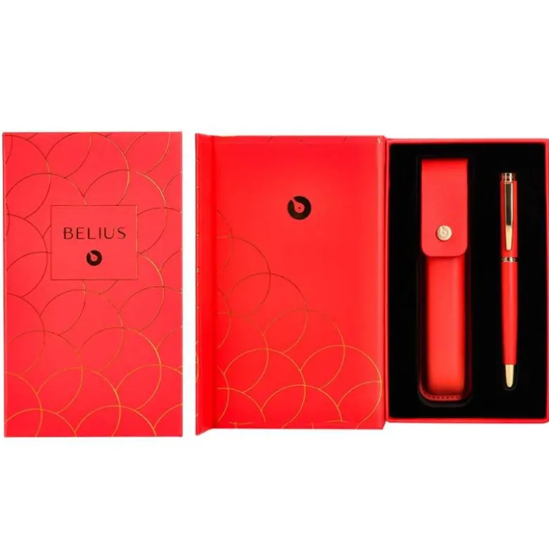 BOLIGRAFO Y ESTUCHE BELIUS PASSION DOR ALUMINIO TEXTURA CEPILLADA COLOR ROJO Y DORADO TINTA AZUL CAJA DE DISEÑO