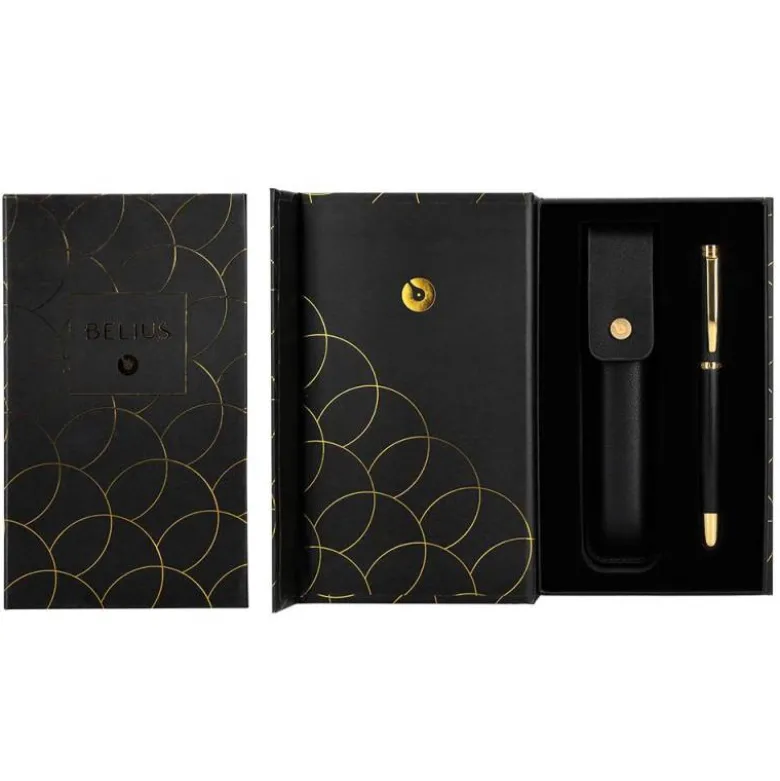BOLIGRAFO Y ESTUCHE BELIUS PASSION DOR ALUMINIO TEXTURA CEPILLADA COLOR NEGRO Y DORADO TINTA AZUL CAJA DISEÑO