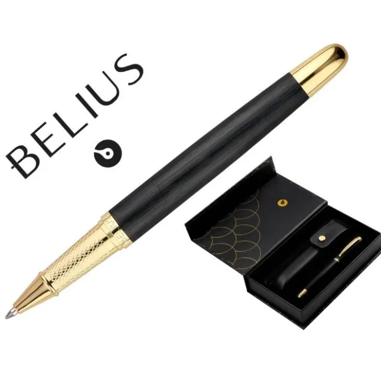BOLIGRAFO Y ESTUCHE BELIUS PASSION DOR ALUMINIO TEXTURA CEPILLADA COLOR NEGRO Y DORADO TINTA AZUL CAJA DISEÑO