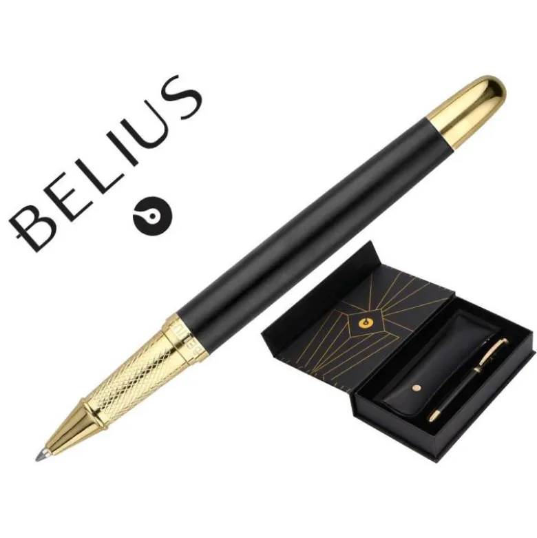 BOLIGRAFO Y ESTUCHE BELIUS SOIREE COLOR NEGRO Y DORADO TINTA AZUL CAJA DE DISEÑO