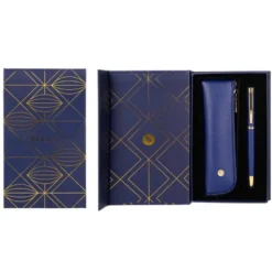 BOLIGRAFO Y ESTUCHE BELIUS SOIREE COLOR AZUL MARINO Y DORADO TINTA AZUL CAJA DE DISEÑO