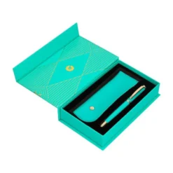 BOLIGRAFO Y ESTUCHE BELIUS SOIREE COLOR ART DECO TURQUESA Y DORADO TINTA AZUL CAJA DE DISEÑO