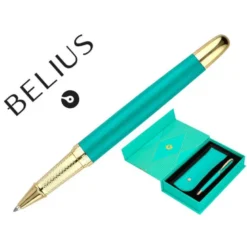 BOLIGRAFO Y ESTUCHE BELIUS SOIREE COLOR ART DECO TURQUESA Y DORADO TINTA AZUL CAJA DE DISEÑO