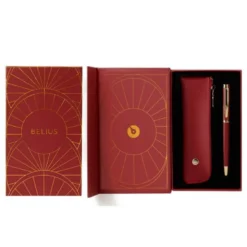 BOLIGRAFO Y ESTUCHE BELIUS SOIREE COLOR ART DECO GRANATE Y DORADO TINTA AZUL CAJA DE DISEÑO