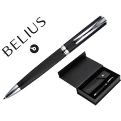 BOLIGRAFO Y ESTUCHE BELIUS TURBO ALUMINIO TEXTURA PUNTEADA NEGRO Y PLATEADO TINTA AZUL CAJA DE DISEÑO