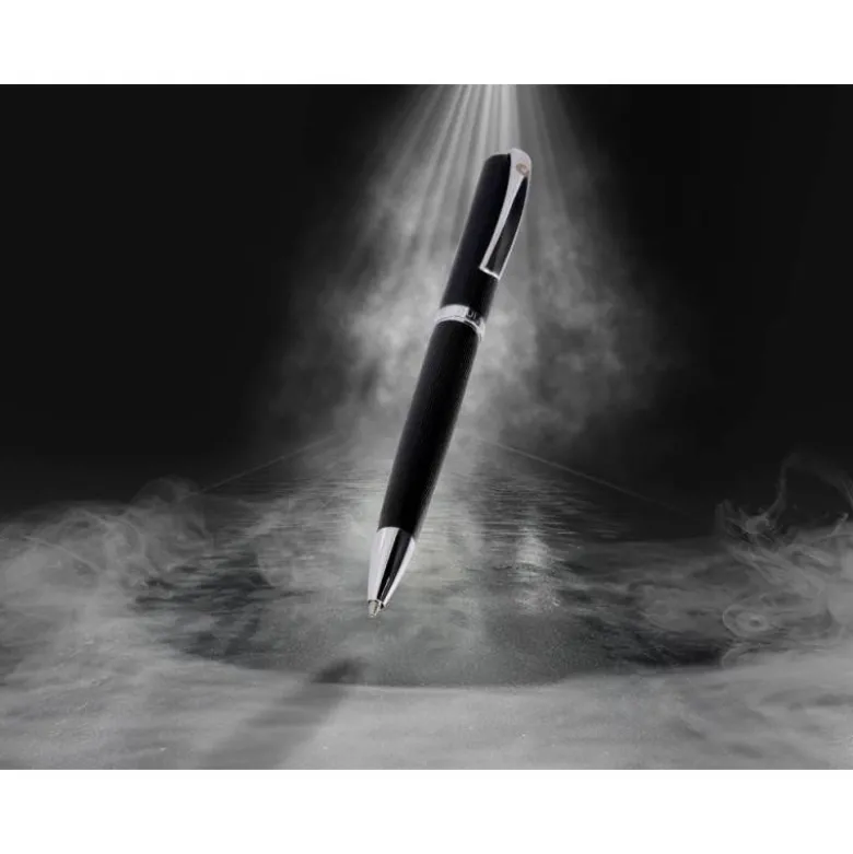 BOLIGRAFO Y ESTUCHE BELIUS TURBO ALUMINIO TEXTURA PUNTEADA NEGRO Y PLATEADO TINTA AZUL CAJA DE DISEÑO