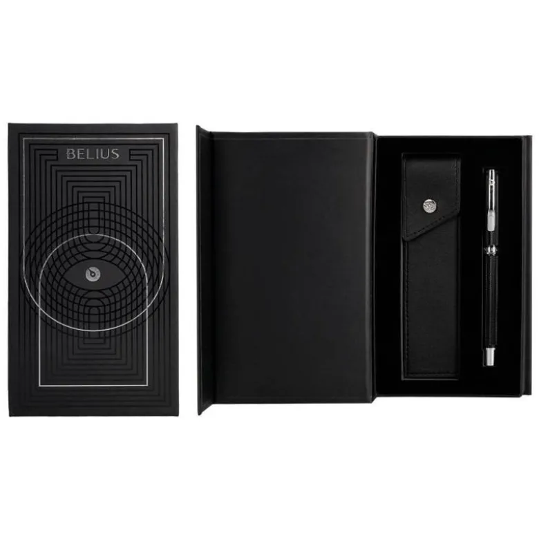 BOLIGRAFO Y ESTUCHE BELIUS TURBO ALUMINIO TEXTURA PUNTEADA NEGRO Y PLATEADO TINTA AZUL CAJA DE DISEÑO