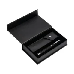 BOLIGRAFO Y ESTUCHE BELIUS TURBO ALUMINIO TEXTURA PUNTEADA NEGRO Y PLATEADO TINTA AZUL CAJA DE DISEÑO