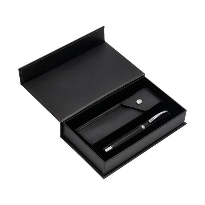 BOLIGRAFO Y ESTUCHE BELIUS TURBO ALUMINIO TEXTURA PUNTEADA NEGRO Y PLATEADO TINTA AZUL CAJA DE DISEÑO