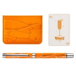 BOLIGRAFO Y WALLET BELIUS COCKTAILS MIMOSA ALUMINIO NARANJA PLATEADO RELIEVE TINTACOLOR AZUL CAJA DE DISEÑO
