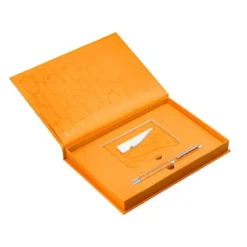 BOLIGRAFO Y WALLET BELIUS COCKTAILS MIMOSA ALUMINIO NARANJA PLATEADO RELIEVE TINTACOLOR AZUL CAJA DE DISEÑO