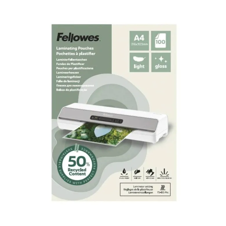 BOLSA DE PLASTIFICAR FELLOWES RECICLADAS BRILLO DIN A4 80 MC PACK DE 100 UNIDADES