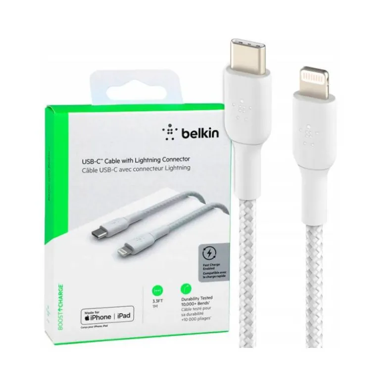 CABLE TRENZADO BELKIN CAA004BT1MWH USB-C A LIGHTNING BOOST CHARGE LARGO 1 M COLOR BLANCO