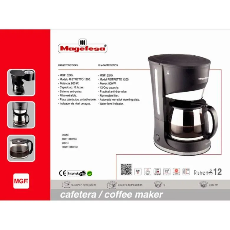CAFETERA RISTRETTO MAGEFESA 12 TAZAS CON FILTRO EXTRAIBLE Y PLACA CALEFACTORA ANTIADHERENTE 800W