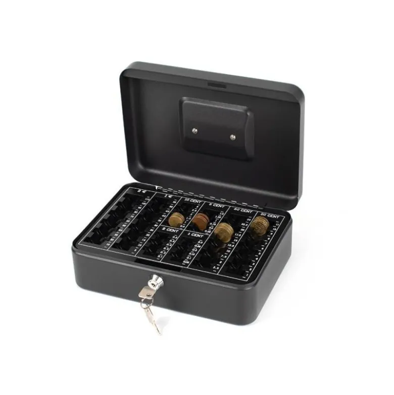 Caja caudales Q-Connect 10" 250x180x90 mm negro con bandeja portamonedas.