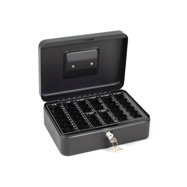 Caja caudales Q-Connect 10" 250x180x90 mm negro con bandeja portamonedas.