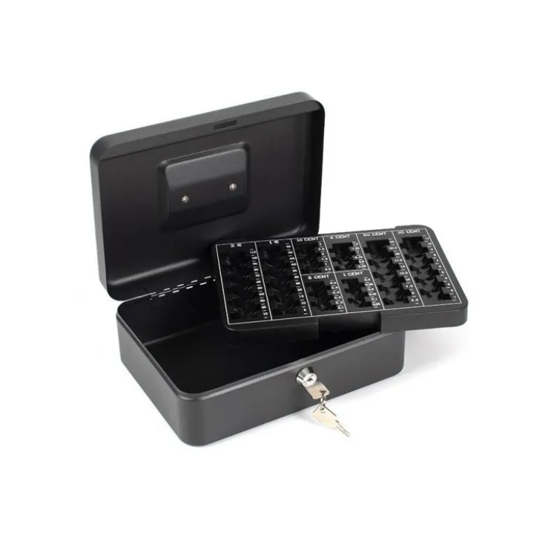 Caja caudales Q-Connect 10" 250x180x90 mm negro con bandeja portamonedas.